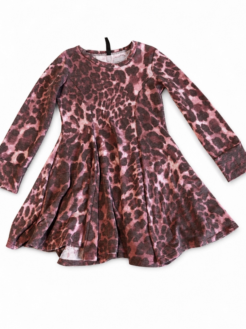 Girls' Pink Leopard-Print Flared Long-Sleeve Dress